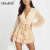 Femmes Deep V Col Party Mini Robes Floral Print Transparent Manches Beach Summer Volants Casual Bandage 210508