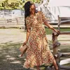 Blumendruck Boho Strand Langes Kleid V-Ausschnitt Elegante Dame Wrap es Schmetterling Kurzarm Sommer Party Vestidos 210508