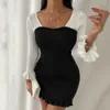 Sexy Bodycon Dress Women Spring Autumn Square Neck Color Matching Long Sleeve Ruffle es Fashion Backless Lace Up Mini 210526