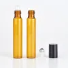 10 ml Glas Draagbare Amber Essential Oil Fles Roll On Parfum Flessen Mini Metalen Balrol Brown Essentials Oliën Container Ondersteuning Logo Aangepast