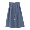 Blue Solid Button A Line Chiffon Midi Skirt Empire Summer Casual S0067 210514