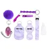 9-teiliges Verteidigungs-Schlüsselanhänger-Set, inklusive Alarm, Pompon, Handdesinfektionsmittel, Handgelenkschlaufe, Lippenstift-Schlüsselanhänger, Pfeife, Öffner, 30 ml leere Flasche für Frauen, Selbstverteidigungs-Schlüsselanhänger