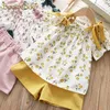 Bear Leader Girls Clothing Sets Summer Brand Girls Multi-layer Frill Sleeveless Floral Baby Shirt + Short Pant For 3-7 Y 210326