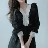 Lente herfst vrouwen elegante v-hals kant patchwork fee jurk vintage veer kwast lange hoge taille slank 210430