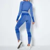 Women Yoga Set Skinny SeamlKnitted Quick-drying Tracksuit Female Striped Long Sleeved Gym Yoga Top Pants Suit Sports Set X0629