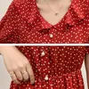 Femmes rouge coeur imprimé col claudine perle bouton manches courtes ajusté et évasé en mousseline de soie longueur au genou robe élégante D1044 210514