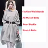 Belts Big Pearl Crystal No Pin Buckle Belt Woman Punk Plus Wide Waistbands Dress Fashion Black Soft Leather Cummerbunds Coat Girls