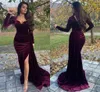 Bordo Arapça Mermaid Abiye Uzun Kollu Yüksek Yan Bölünmüş Fas Kaftan Yumuşak Kadife Balo Elbise Kadın Parti Abiye