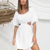 Wytnij bawełnę Damski Mini Letnia Sukienka Solidna Krótki Rękaw Puff Damski Damskie Suknie Loose Casual Vestidos Moda 210518