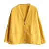Spring Autumn Women Loose Casual V-neck Short Coats Double Pocket Cotton Linen Vintage Coat Jackets Femme Tops M153 210512