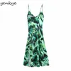 Zomer vrouwen groen tropisch print sling lange jurk vrouwelijke mouwloze zijkant sundress sexy vestido 210514