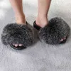 Chinelos de pele Mulheres Real Fox Fur Slides Home Peludo Sandálias Plana Feminino Cute Fluffy Casa Sapatos Mulher Marca Luxo 2021 H1122