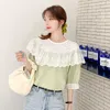 Summer Light Green Puff Sleeve Casual Woman's Shirts Sweet Hollow Out Ruffled Lace Crochet Chiffon Blouse Women 9555 210508