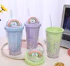 450mlレインボーカップのマグカップとストローペットの材料のためのダブルプラスチック子供のためのペット素材