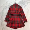 Free Women's Red Plaid Blazer Dress OL Style Fashion Lapel Double Breasted Belt Waist Bag 210524