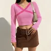 Women's T-Shirt Fashion Spring 2021 Female Crop Top Solid Color V-Neck Long Sleeve Base T-Shirts Pullover For Fall Brown High Quality Cotton