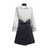 Navy Blue Mini Short Skirt Button Strip Turn Down Collar Long Sleeve Shirt Women Set Two Pieces 2 T0056 210514