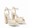 London Brands Sacora Sandals Schuhe für Bidal Hochzeit High Heels Weiße Perlen Leder-Knöchelgurt Peep Zehen Elegante Dame Pumpen EU35-43 Box