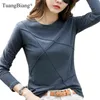 Ribbed Sping Moda Bamboo Bawełniana Koszulka Jesienna Kobiety O-Neck Loose Proste Purpurowe Tshirt Z Długim Rękawem Ladies Zielony Przytulny Top 210819