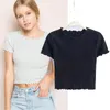 Vintage Ahşap Kulaklar O Boyun Kısa Kollu T-shirt Kadın Slim Fit T Gömlek Sıkı Tee Yaz Retro 6 Renkler Tops 210522