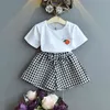 Girl Set Summer Short-sleeve Printed T-shirt + Plaid Skirt Suit Children 2-piece 3-7 Years Old Sweet Clothes 210515