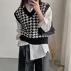 Vintage Houndstooth Stickad Sweater Vest Kvinnor Ärmlös V-Neck Tops Korean Fashion Ladies Pullover Höst 210513