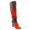 Boots Fashion Women Knee High Square Heels Pointed Toe Gorgeous Red Brown Party Shoes US Size 4-12