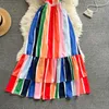 Ins Fashion Rainbow Striped Color Match Spaghetti Strap Long Maxi Dress Boho Deep V-neck Lace-up Backless Ruffles Holiday 210603