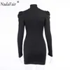 Nadafair Puff Sleeve Woman Dress Sexy Party 2021 Spring Geribbelde Black Turtleneck Lange Mouw Bodycon Mini Dress Y1006