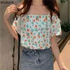 Fresh Floral Sling Shirts Kvinnor Sommar Slash Neck Off Shoulder Sexiga Toppar Koreanska Söt Eleganta Blusar Chic Blusas 210519