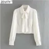 Zeveity женская мода украшения лук сплошные повседневные короткие блуза офисные дамы жемчужина рубашка Chic Cheic Chemise Tops LS7383 210603