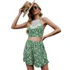 Women Sets Bandage Lace Floral Print Ruffles Two Pieces Sets Green Halter Short Pants And Vest Sleeveless Sets for Outing Beach 210712