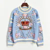 Women's Sweaters Runway Luxury Winter Knitting Pullovers High Quality Floral Crown Embroidery Casual Loose Blue Sweater C-127