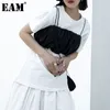 [Eam] Mulheres Contrast Cor Preto Branco Ruched T-shirt Redondo Pescoço De Manga Curta Moda Primavera Verão 1d8474 21512