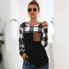 Cuello redondo a cuadros costura manga larga bolsillo camiseta Otoño Invierno Top Base abrigo moda Casual estilo británico pulóver 210522