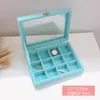 Small Blue Velvet Carry Case With Glass Lid Jewelry Ring Display Stand Storage Box Holder Organizer Ring Earrings