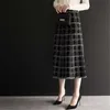 Vintage Winter Black Plaid Tweed Skirt Kvinnor Midi Long High Waist A-Line Stickad Kjol Kontor Ladies Plus Storlek Slim Work Clothes 210619