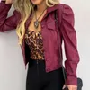 Autumn PU Leather Pleated Women Short Jacket Long Sleeve Turn-Down Collar Single Breasted Female Jackets Solid Casual Lady Coat 210923