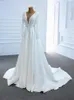 2021 Pearls Long Sleeve Wedding Dresses Princess A-line Satin Boat Neck Corset Back Boho Gowns Bridal Dress Beach Plus Size