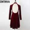 Largura Senhoras Aberto Volta Vestidos Vestidos Vinho Vermelho Clubwear Slim Halter Mini Vestido de Inverno Velor Plissado Partido Desgaste Túnica Robe 210527