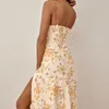 Französischer Stil Blumendruck Hohe Taille Sexy Seitenschlitz Spaghettiträger Mittellanges Kleid Sommerurlaub Weibliche Mode 210508
