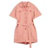Rose Kaki Manches courtes Combishorts Rompers Summer Sash Turn Down Collier Poche Bouton Casual Outillage Style J0099 210514