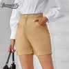 Pockets Casual Button Fly Woman Shorts Khaki Summer Elegant Office Ladies High Waist Straight Bottoms 210510