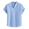T-shirts van heren 2021 Solid Color Shirts voor Mannen Zomer Lichtblauw Losse Katoen Mix Solids Button Korte Mouw Shirt Tops1