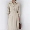 韓国のソリッドシングルブレストシャツドレス女性秋の長袖ターンダウンカラーファッションカジュアルレディースドレスvestidos 210518