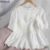 Blouses Women 2 Piece Set Loose Shirts Hollow Out Knitted Crop Tops Korean Chic Suit Two Female 95151 210422