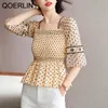 Polka Dot Square Collar Mesh Chiffon Shirt Women Summer Elastic Slim Short Sleeve Top Plus Size Hollow Out Blouse 210601