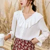 Fashion Women Chiffon Blouses Long Sleeve V-neck Ruffles Office Lady White Red Tops Casual Clothing 5324 50 210506