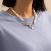 ingesight.zステンレス鋼大きな留め金チョーカーネックレスステートメント模倣真珠チェーン女性の宝石チェーン用の短い鎖骨ネックレス