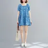 Plus Size Women Daisy Embroidered Dress Elegant Summer Casual O Neck Loose Party Lady short puff sleeve 210529